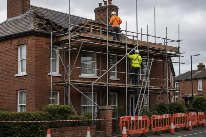 Emergency scaffolding around a realistic UK house after storm damage