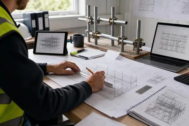 Scaffolding design and planning desk with scaffold drawings and model
